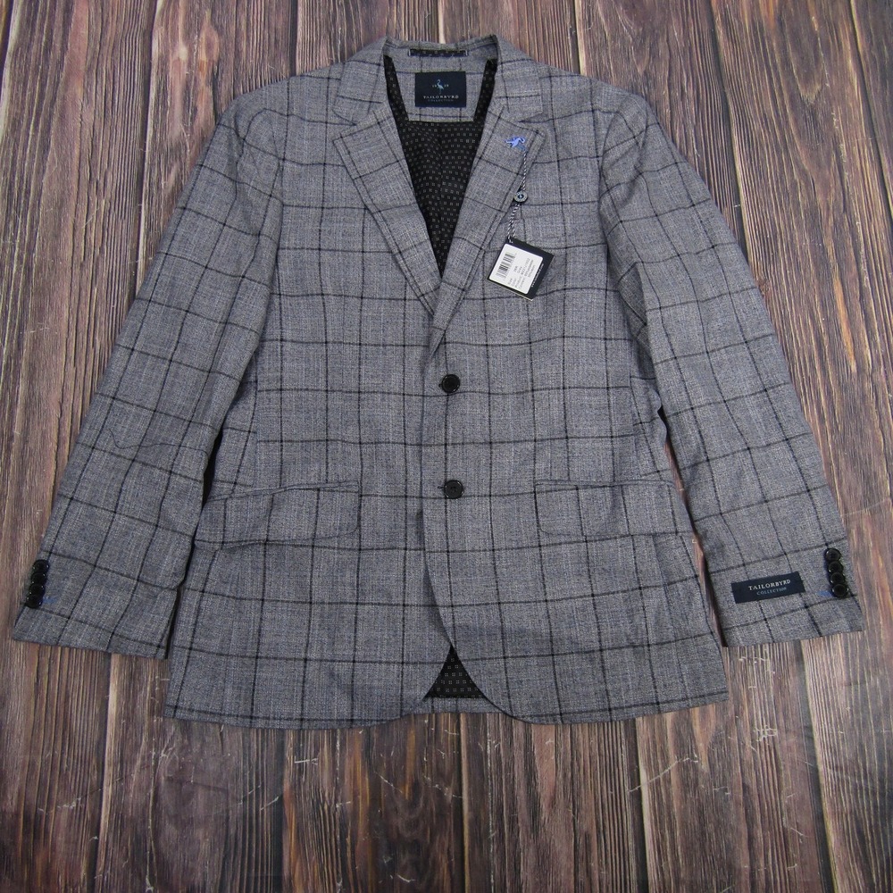 Tailorbyrd Sport Coat Mens 38R Grey Windowpane Plaid Blazer M221J1002 NWT